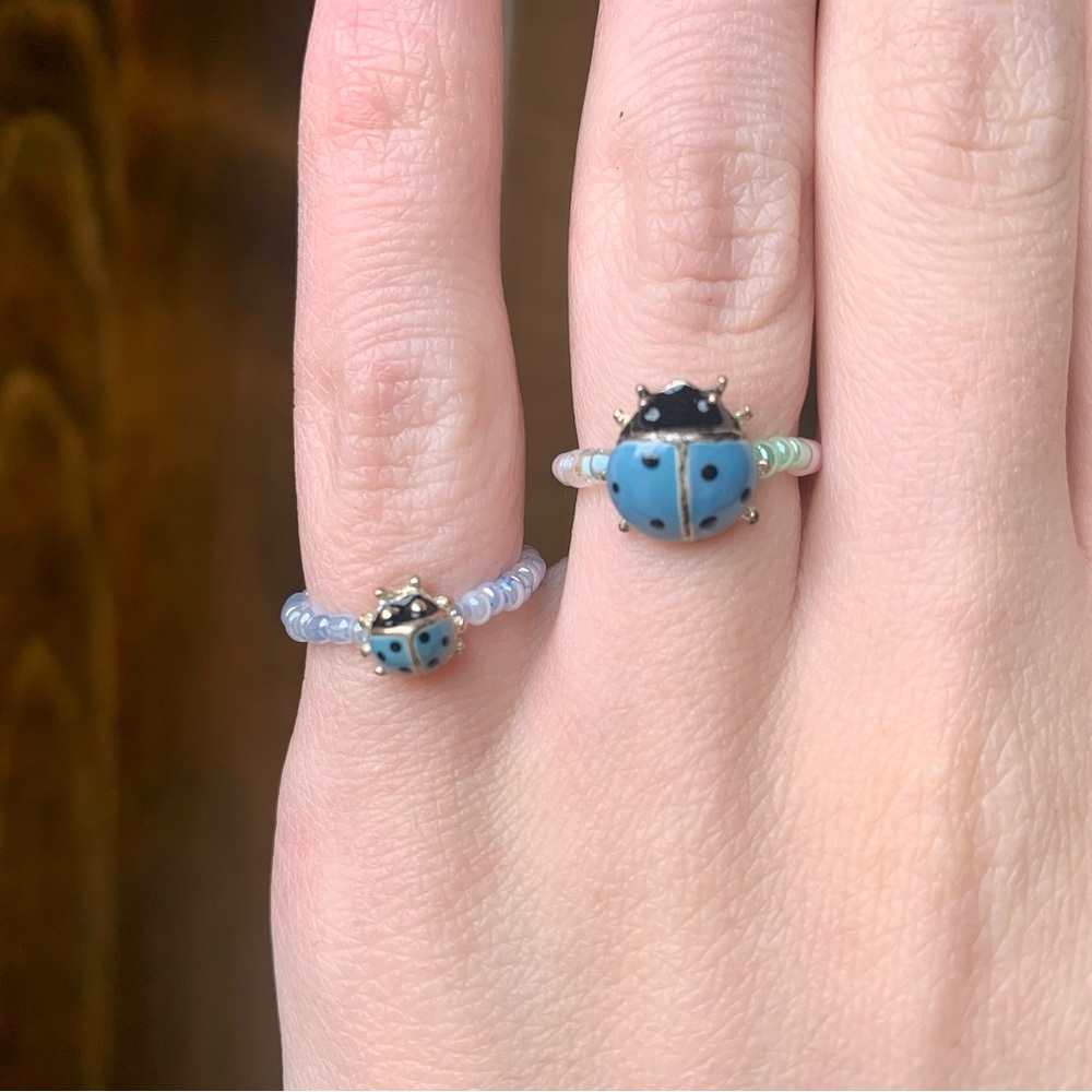 Blue Beaded Ladybug Rings Set Fairy Whimsigoth Y2K Cottagecore Cute Nature Artsy